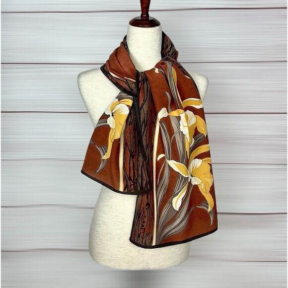 Basile Oblong Silk Scarf Brown Yellow Orchid Hand Rolled - Picture 3 of 10